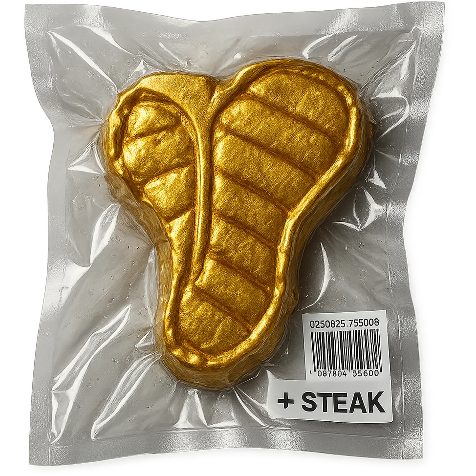 golden steak, glossy and puffy, vacuum-sealed style emoji