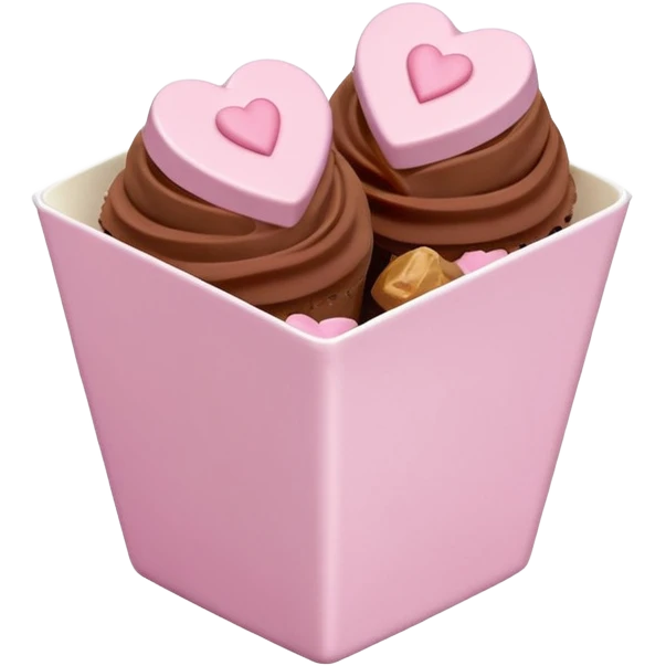 Two glossy square milk chocolate pralines placed diagonally, each in a white ridged paper cup, topped with a soft pastel pink heart icing with subtle sugar sparkle.
Cute minimal emoji-style, realistic and polished, clean studio lighting, pure white background, smooth 3D render, high resolution. emoji