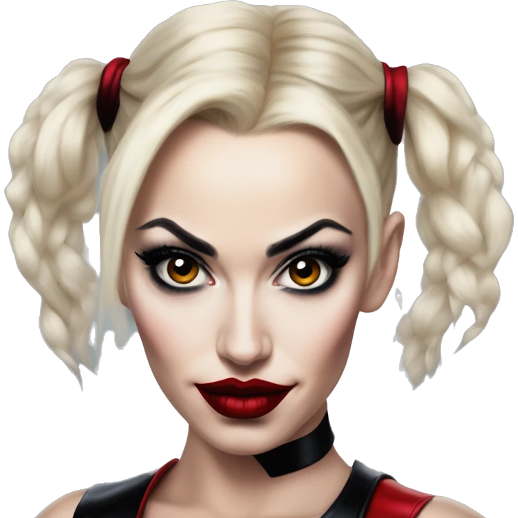 Gwen Stefani in Harley Quinn style, oil paint, mysterious eyes, intricate lips, masterpiece portrait, odd perspective, beautiful, desirable, logical emoji