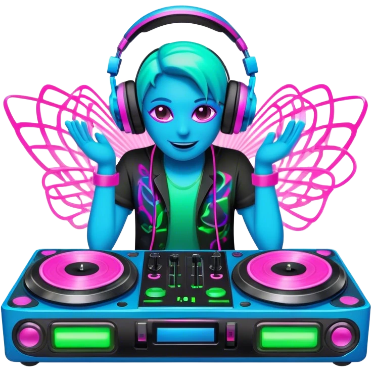 Create a dynamic and modern emoji that represents electronic music and DJing. The design should feature a DJ controller with two vinyl turntables, DJ headphones, and glowing sound waves or a waveform to symbolize the energy of mixing and electronic beats. Use vibrant neon colors like electric blue, neon pink, or green to represent the futuristic and pulsating nature of electronic music. Add subtle details of flashing lights or abstract patterns to evoke the nightclub or festival atmosphere. The background should be transparent. emoji