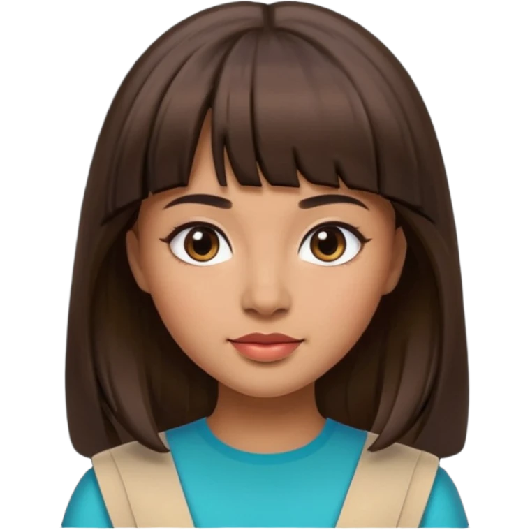 In Apple Memoji format, a girl with dark brown hair. She has bangs and her hair is long. The girl has light brown skin and arab ethnic features emoji