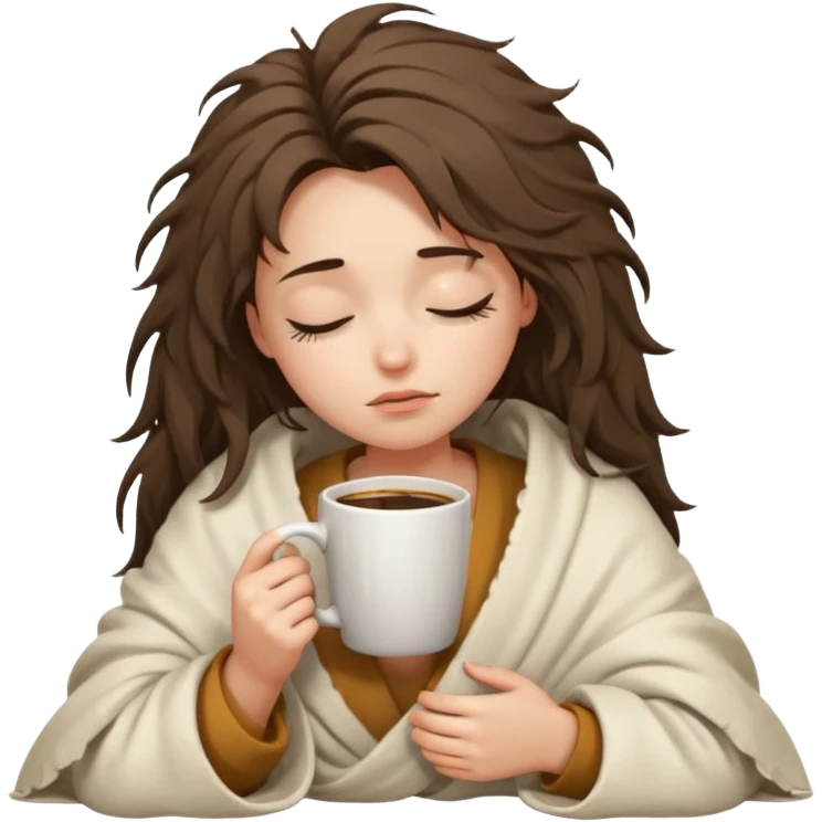girl inside a offwhite blanket holding a coffee mug eyes closed, looking sad emoji