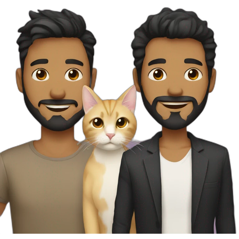 Gay male couple Latino Black hair and beard male and Australian blonde hair male , with a cat in the middle emoji