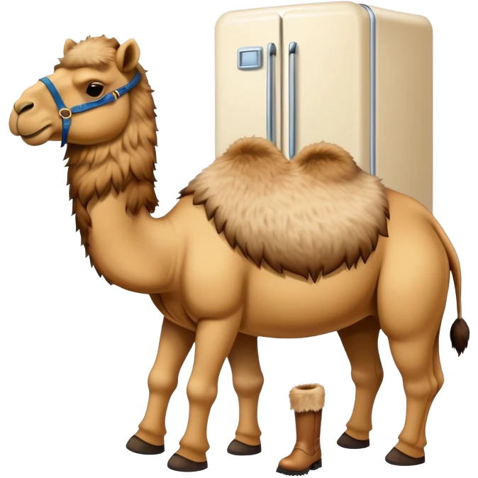 A white refrigerator with a camel head sticking out from the top and four camel legs with Timberland boots coming out from the bottom emoji
