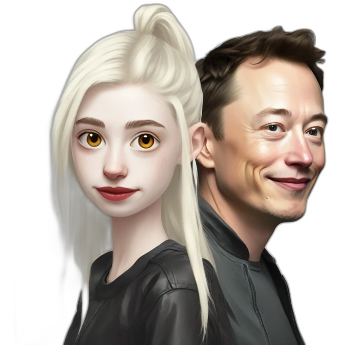 Grimes with gobs of white goop on face, elon musk smirking, duo emoji