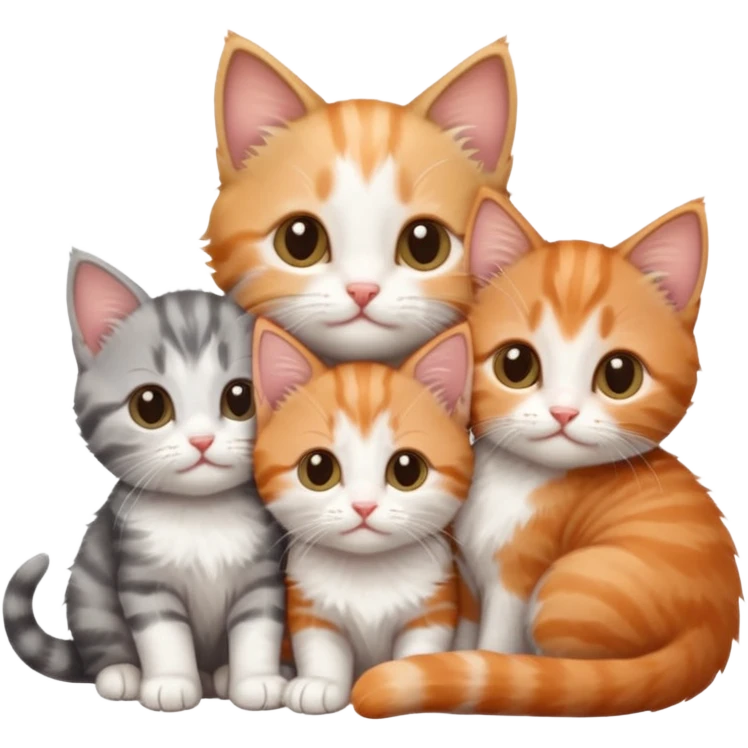 3 tiny kittens cuddling together all different colours, the first one is grey and white, the second is ginger and white and the third is brown tabby and white emoji