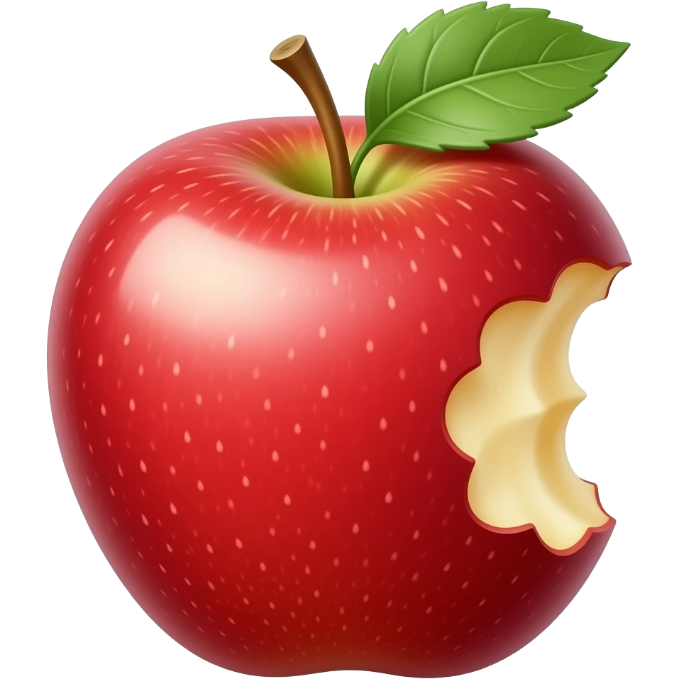 “emoji de maçã vermelha com uma mordida lateral visível, aparência brilhante e suculenta, folhas verdes no topo, estilo emoji iOS, design 3D suave, iluminação realista, cores vibrantes, centralizado, fundo transparente, alta qualidade” emoji