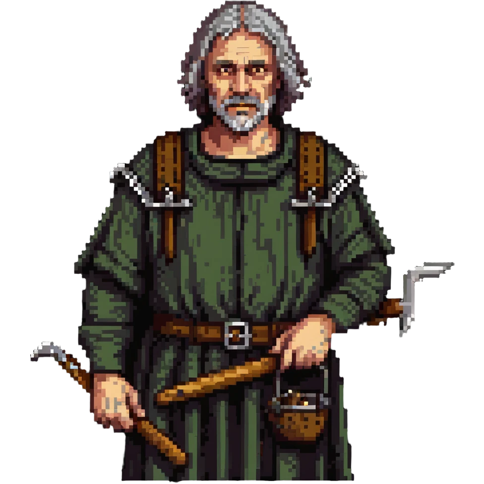 middle-aged peasant man in ragged medieval clothes with dirty face and simple tools emoji