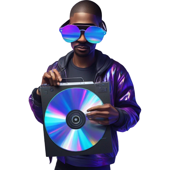 A dj wearing sunglasses playing music holding a cd record record, vinyl, oilslick holographic blacklight inverted graffiti dark dull emoji
