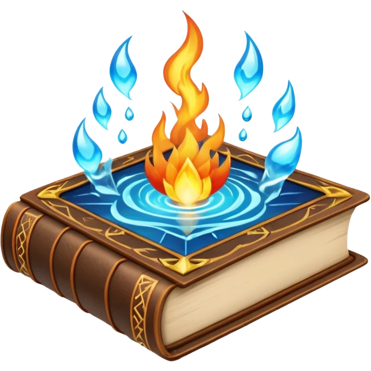 magical spellbook with elemental symbols, emitting energy, with icons of fire, water, earth, and air emoji