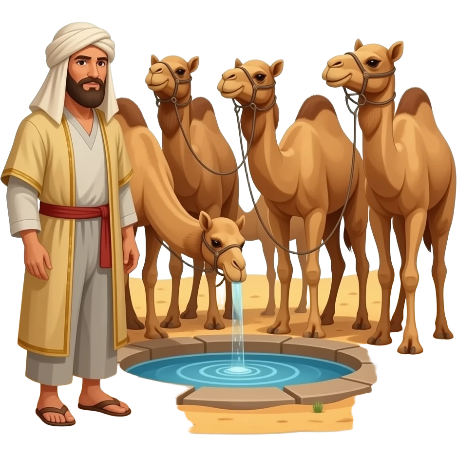 A man shepherding many of camels at the well in desert region emoji