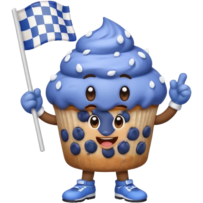 blueberry muffin character cheering with a checkered race flag emoji