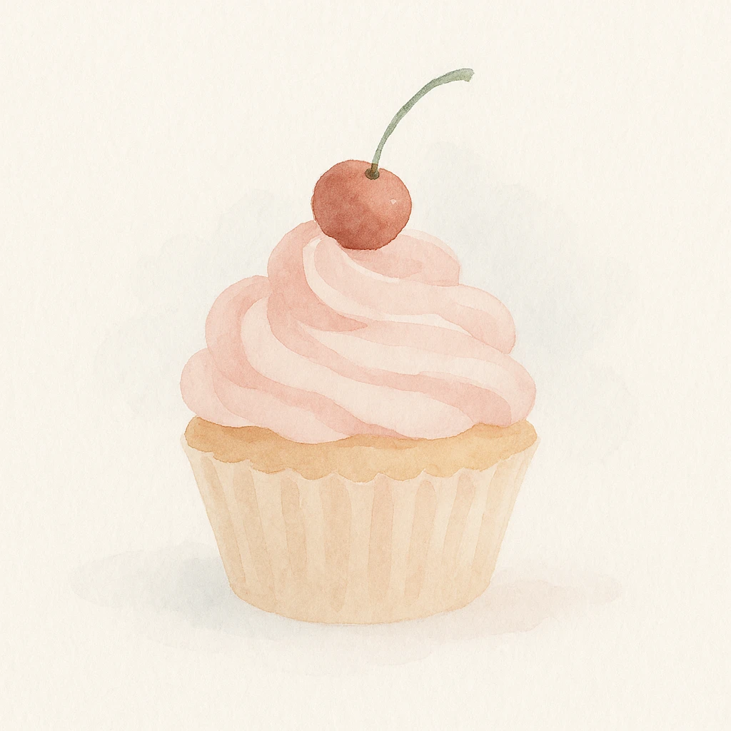 cupcake with pink icing and a cherry on top, airy and whimsical feel, watercolor art style emoji
