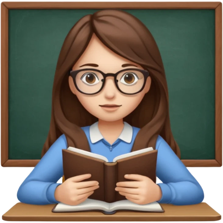 girl long brown hair, wear glases, study emoji