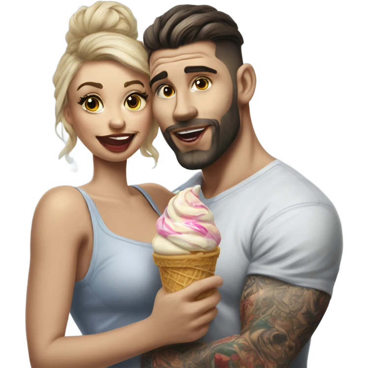 Hyper Realistic beautiful woman in the arms of a very handsome tattooed man eating ice cream  emoji