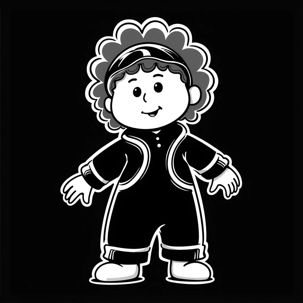Cabbage Patch Kid in Tron suit with glowing neon visor and bracelets, 80's retro sci-fi style emoji