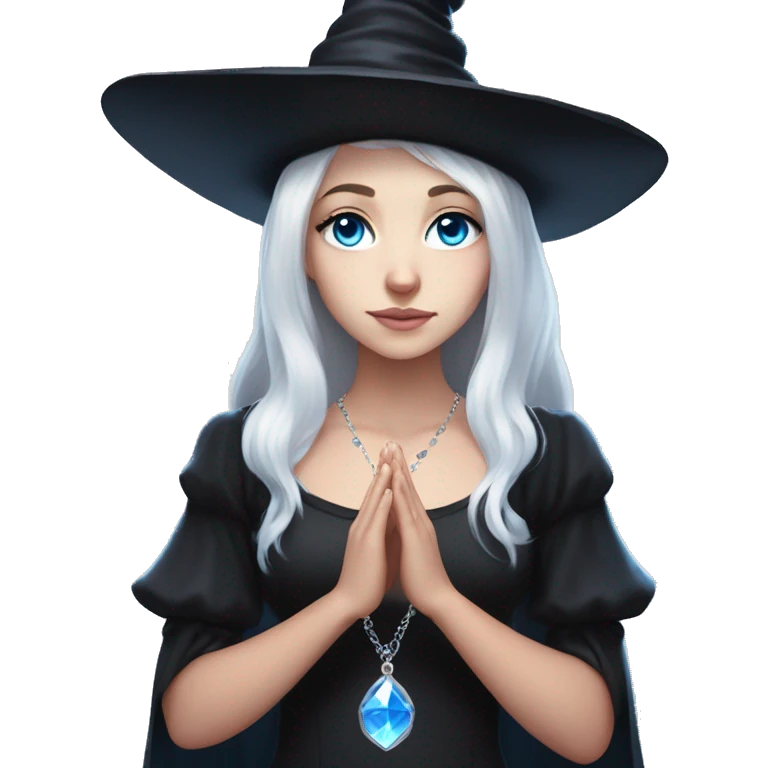 pale young witch wearing a low cut black dress, a pink crystal necklace, and a witch hat, with white hair and bright blue eyes, making prayer hands emoji
