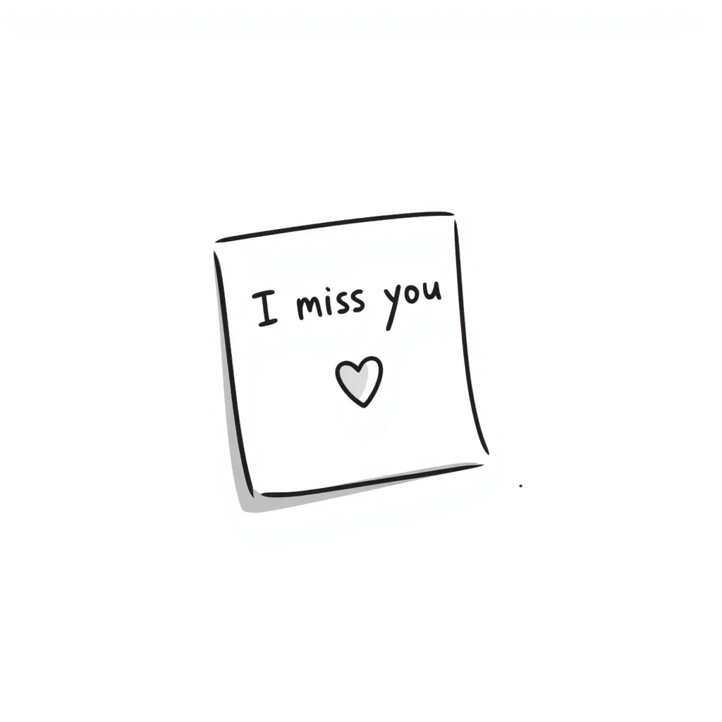Sticky note that says "I miss you" with a heart emoji