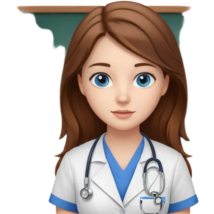 inside a classroom at university that says nursing school on the board with a pretty female nursing student with long brown hair, blue eyes emoji