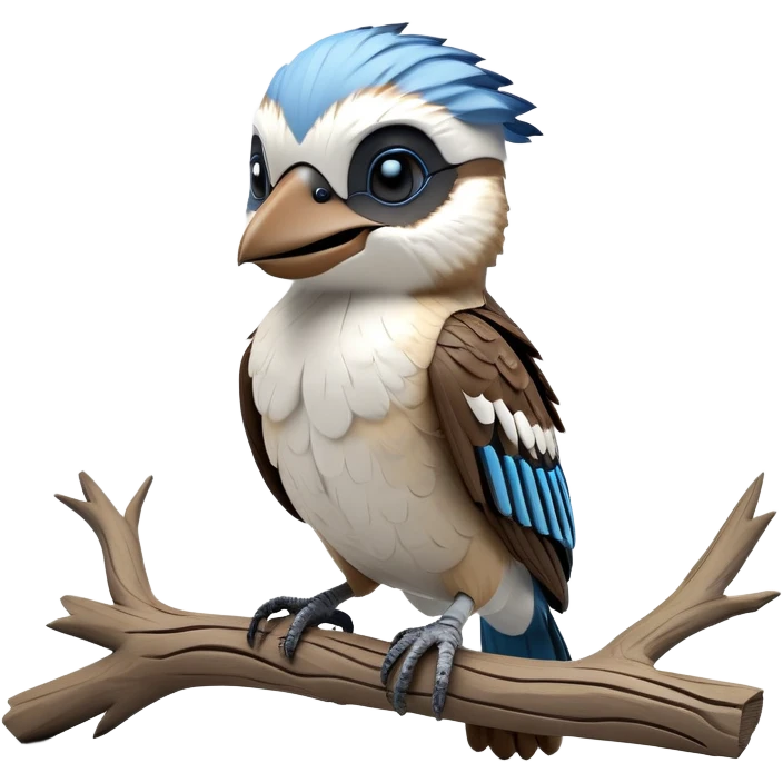 cinematic-kookaburra-realistic-full-body-perched-emoji,-compact-sturdy-frame-balanced-on-a-weathered-branch,-blue-and-white-feathered-wings-folded-neatly,-bold-striped-face-with-a-mischievous-glint-in-its-eye,-massive-sharp-beak-slightly-open-as-if-ready-to-laugh,-simplified-yet-realistic-focused-features,-highly-detailed,-glowing-with-a-warm-golden-light emoji