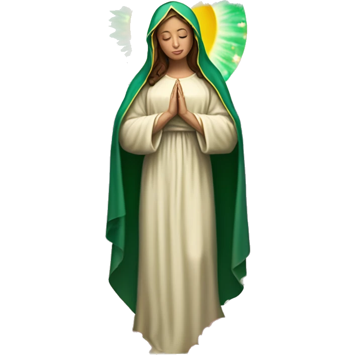 Virgin Mary: kind face looking down at the left, long brown hair, Wearing an emerald green  robe with gold stars and a burgundy red dress,  Hands in prayer or blessing. Halo around her head. standing in front of a big sun. colorful roses on the sides  emoji