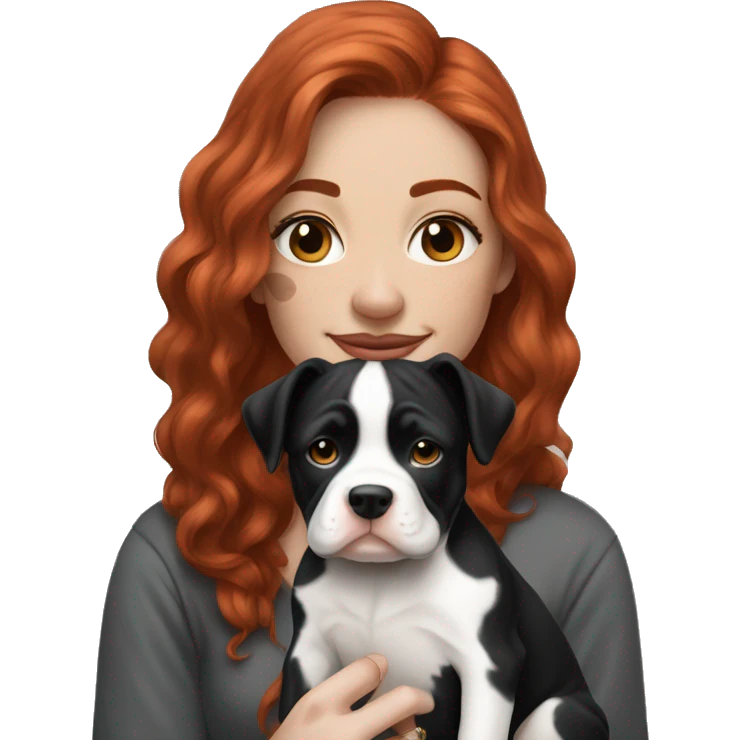 Long Red haired woman with septum piercing holding black and white English Staffordshire puppy emoji