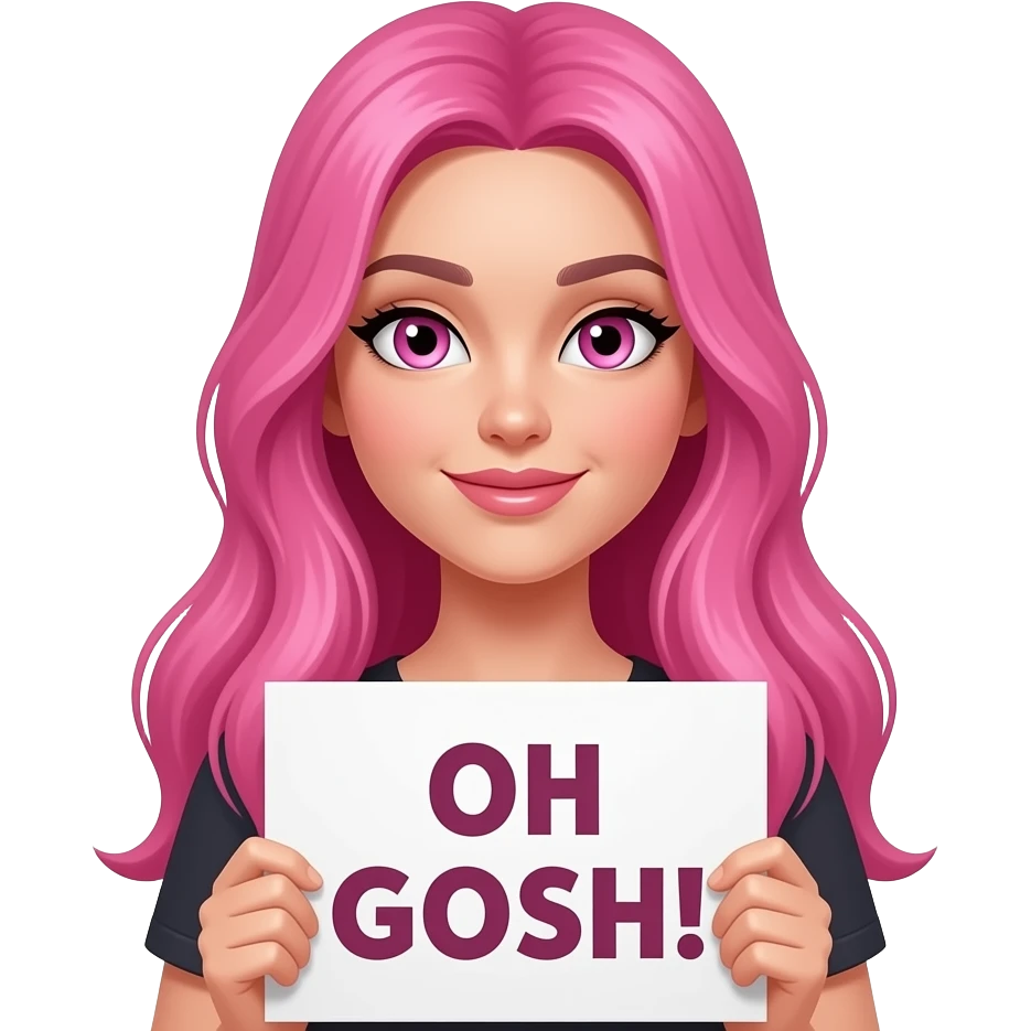 sexy girl with long pink hair and pink eyes wearing a holding a OH GOSH! sign emoji