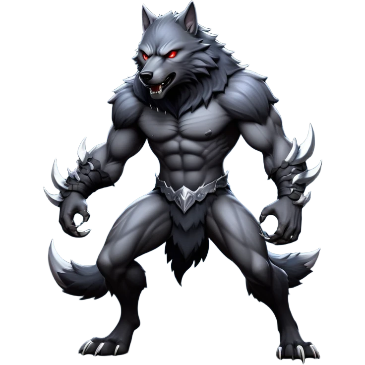 cinematic-noble-fierce-werewolf-full body-emoji, poised-and-imposing, with a tall, slender yet muscular frame inspired by the brutal, imposing shape of the beast from Berserk, fur rippling in shades of midnight black and silver, eyes glowing with an intense, primal ferocity, reflecting the untamed power of the wild moonlit night; rendered with realism emoji