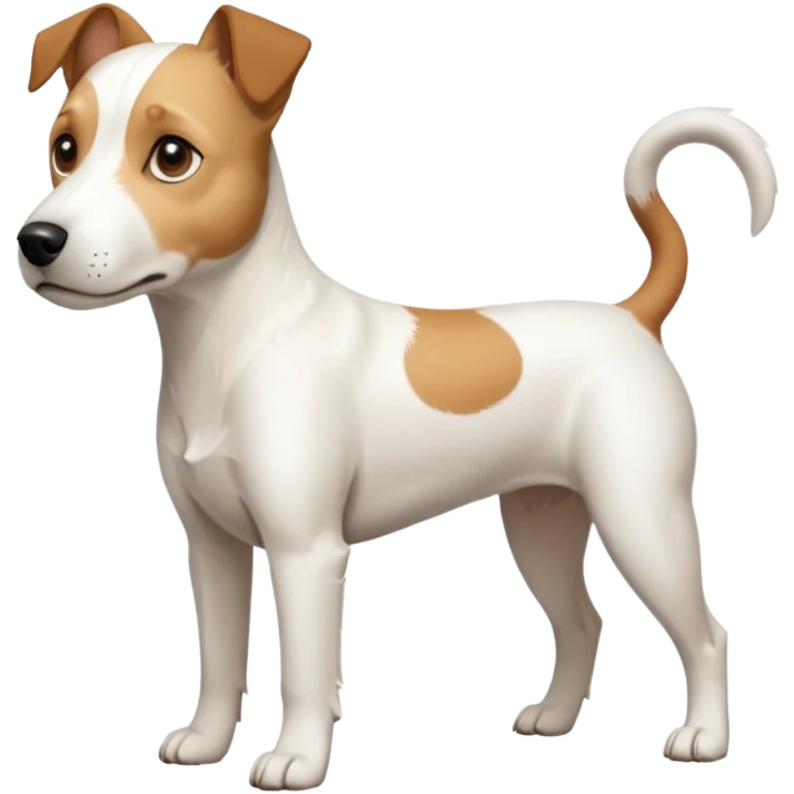 a full body facing front on of a buff white parson russell terrier looking dog the size of a kelpie with light brown long ears and a light brown patch on one eye and a large snout. the rest of the dog is completely white.  emoji