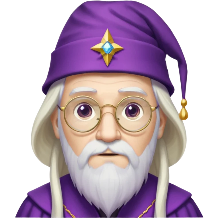 dumbledore, long white hair, wear purple magic hat, glasses emoji