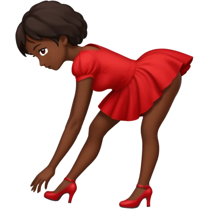 Dark skin emoji in short red dress bending over emoji
