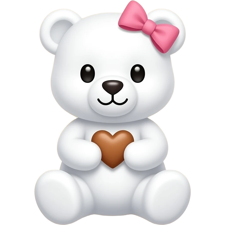 Osito blanco con un corazoncito cafe  ente sus manos  y un moño rosa en su cabeza pequeño con un fondo beige  y un poco alejado emoji