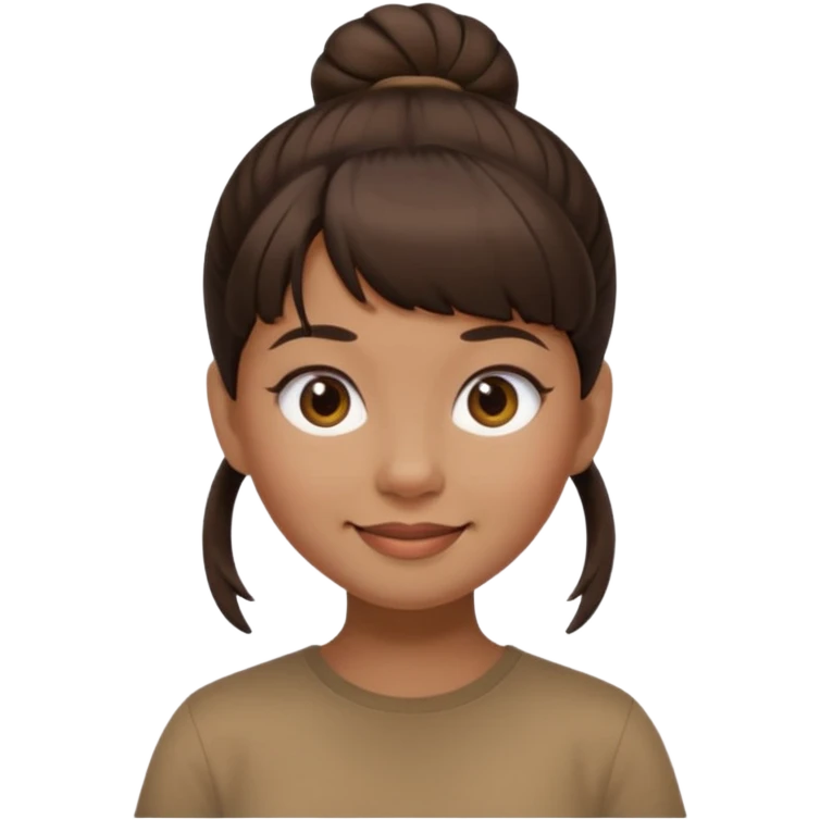 In Apple Memoji format, a girl with dark brown hair. She has bangs and her hair is in a singular high bun. The girl is arab and has light brown skin. She is wearing a brown shirt. She is soft smiling, no teeth shown. emoji