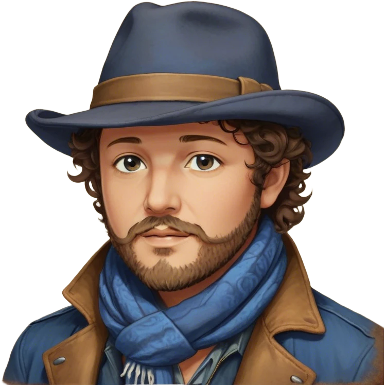 a detailed portrait of zucchero sugar fornaciari, focusing on his upper half. he has a rugged appearance with curly brown hair, a trimmed beard, and expressive eyes. wearing a wide-brimmed hat and a casual jacket with a scarf, his style reflects a blend of rock and blues. the background is softly lit with warm, earthy tones, creating a soulful and charismatic vibe emoji
