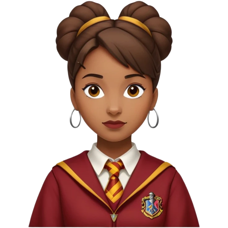 Angelina Johnson in harry potter, wear hogwarts gryfindor uniform,  thick, brown bun hair , reflecting her bold, stylish, and strong personality emoji