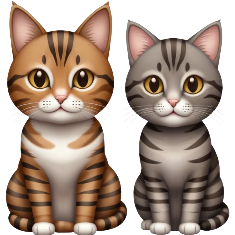 a brown and dark striped tabby cat next to its sister, a grey, slightly bigger cat with light markings and stripes on its face emoji