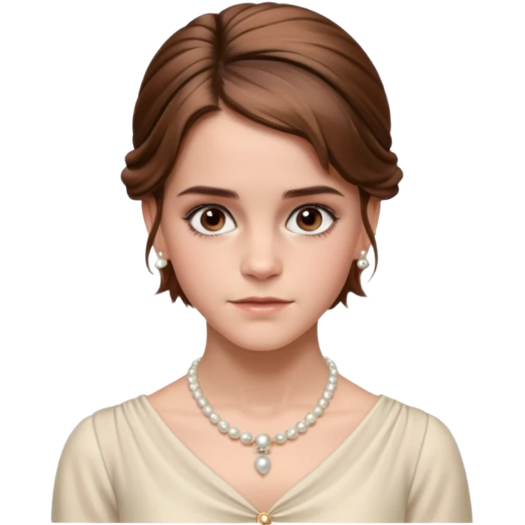 Cinematic Emma Watson Realistic Rococo Portrait, depicted with lifelike skin texture, subtle rosy undertones, and soft natural lighting that enhances the gentle contours of her face. Her intricately detailed brown hair is elegantly styled in an updo, emoji
