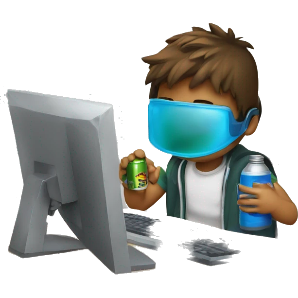 teenager playing computer with energy drink in his desk emoji