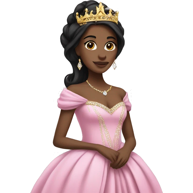 princess with black long hair, pink gown, gold crown, white skin, diamonds emoji