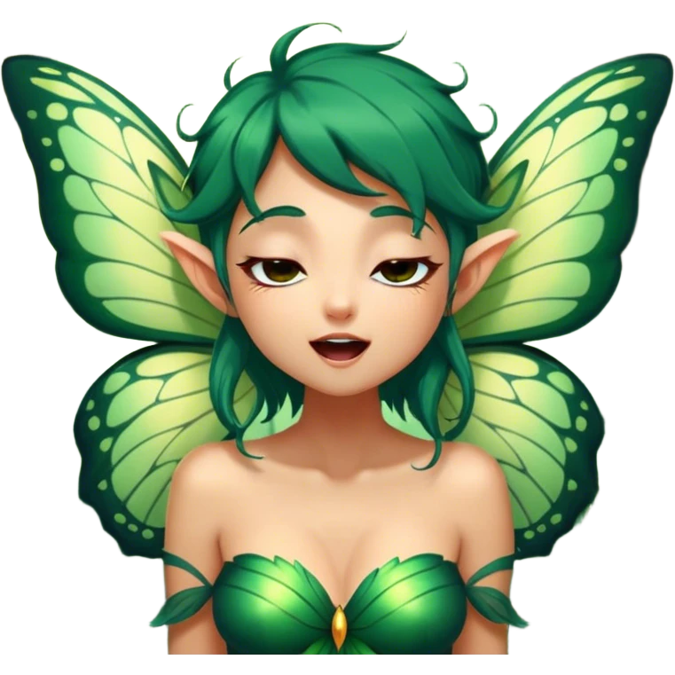 Cinematic Realistic Forest Nymph Fairy Portrait, head tilted slightly with a dramatic, wide-open yawn, revealing a tender, relaxed visage with finely detailed tanned skin and flowing, vine-adorned dark green hair gently framing her face. Her sleepy eyes exude a serene, dreamlike quality as soft natural sunlight filters through the canopy, showing her large butterfly wings from her back capturing the essence of a drowsy yet captivating forest nymph drifting into peaceful slumber. emoji