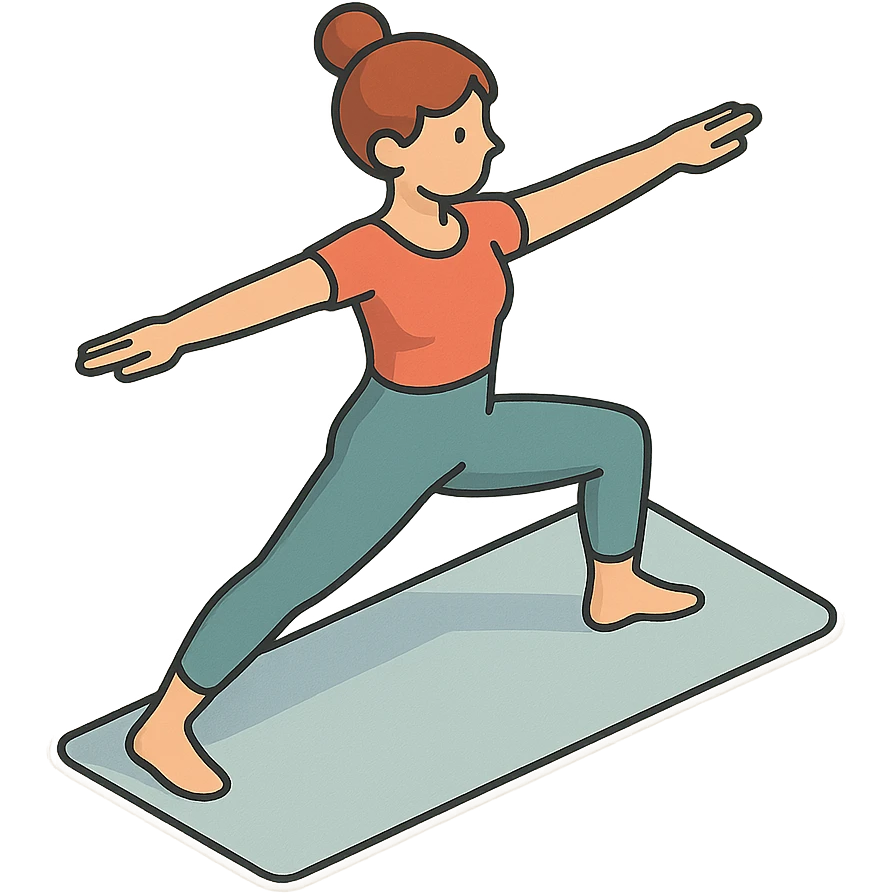 girl in cute yoga outfit performing warrior II pose (Virabhadrasana II), 2D isometric style, very detailed drawing, shadows and highlights, clean contours, soft lighting, transparent background emoji