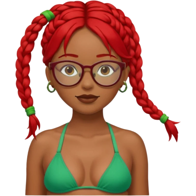 Dark Tan girl with two long red plaits and red rimmed  glasses, green bikini top,  head neck and shoulder shot only emoji