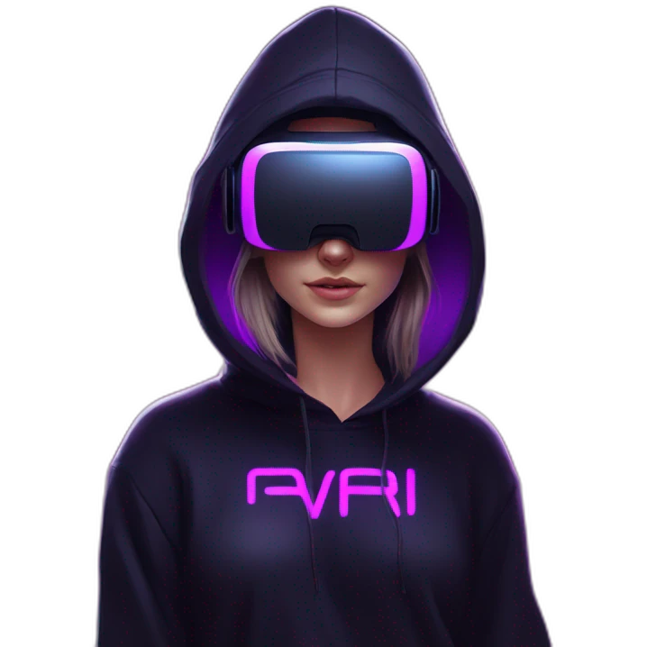 Russian student in the black hoody with violet letters "OMG VR" on it wearing vr headset. Cyberpunk style. Violet neon. emoji