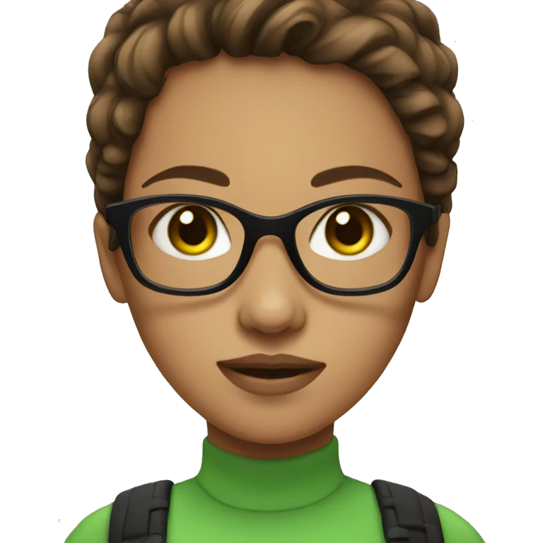 Girl with brown hair green eyes wearing black glasses emoji