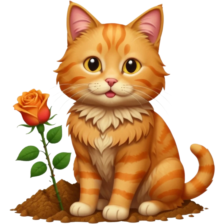 A fluffy, orange tabby cat fuul body, having a rose in it's mouth, and looked like he came from outside. emoji