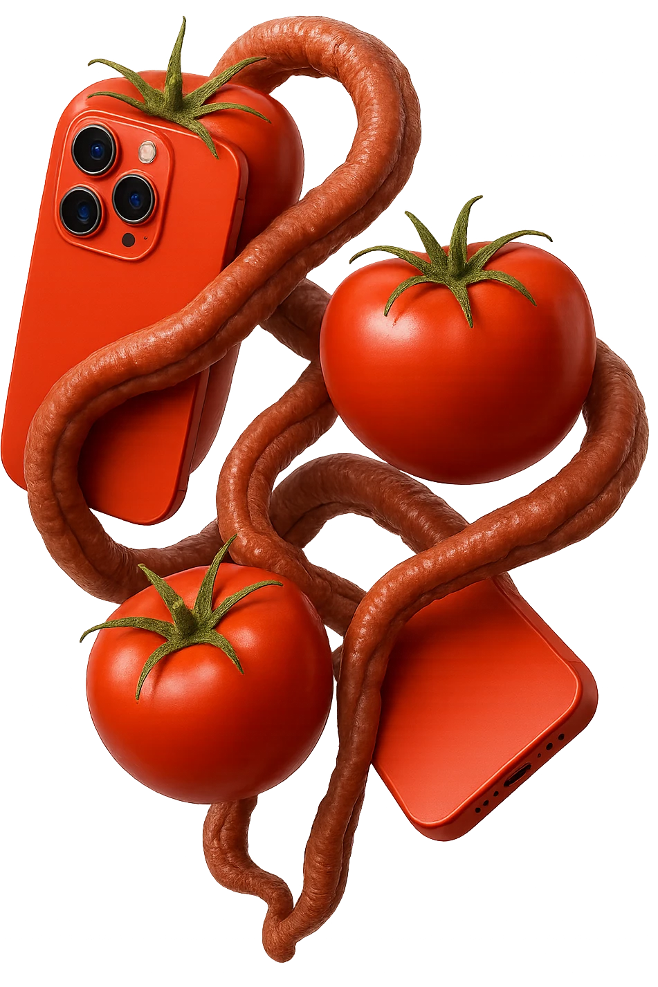 emoji stile iphone di pomodori che fluttuano in aria con colon attorcigliato intorno, iperrealistico 4k, isolato su sfondo bianco emoji