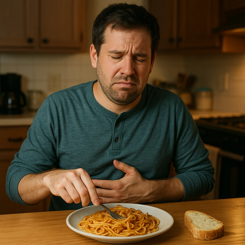 A man in his mid-30s sitting at a kitchen table with a plate of pasta and bread in front of him, looking uncomfortable and conflicted. His facial expression shows bloating, fatigue, and mild abdominal pain. One hand is on his stomach, the other hesitating to eat. emoji