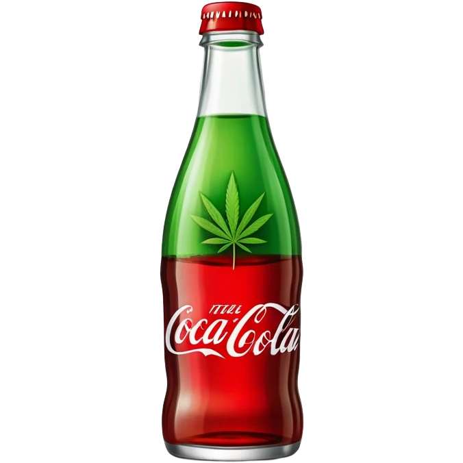 Curved Coca-Cola style glass bottle in red with a green cannabis leaf printed on it and labeled "red pop" emoji