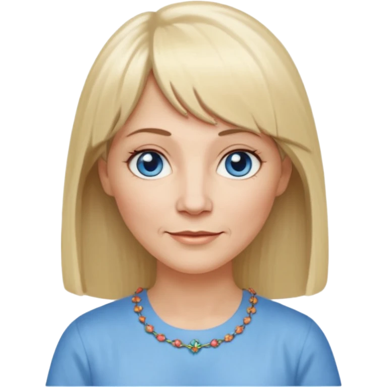 50 yr old white woman, hippie part short bangs, very long straight blond hair, oval face, small smile, blue eyes, thin face, hair downback, hair parted at center of head, round cheeks, pale, longer hair, white shirt emoji