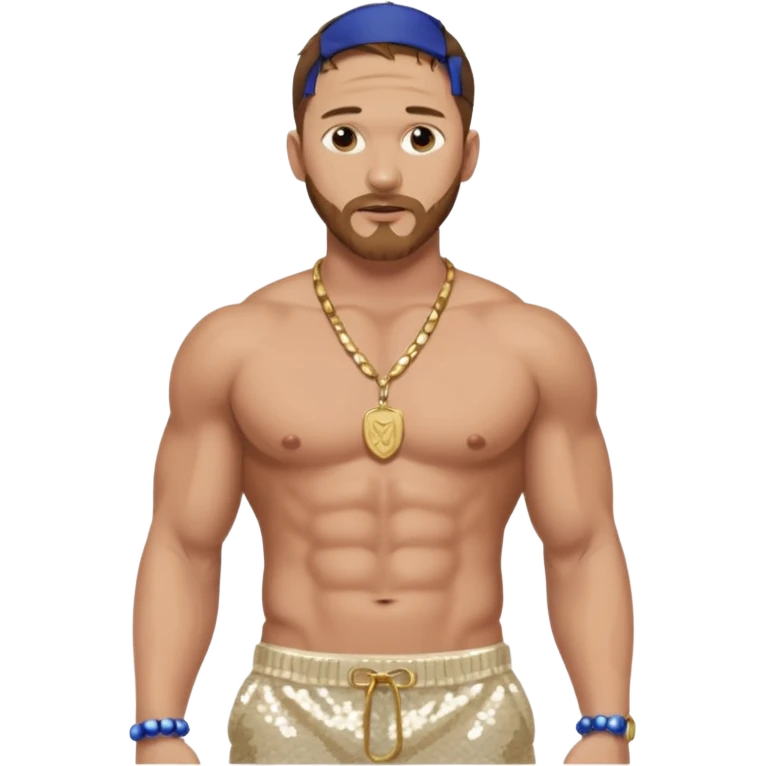 Tom Hardy with brown hair, cream sequin baggy pants, shirtless with necklace emoji